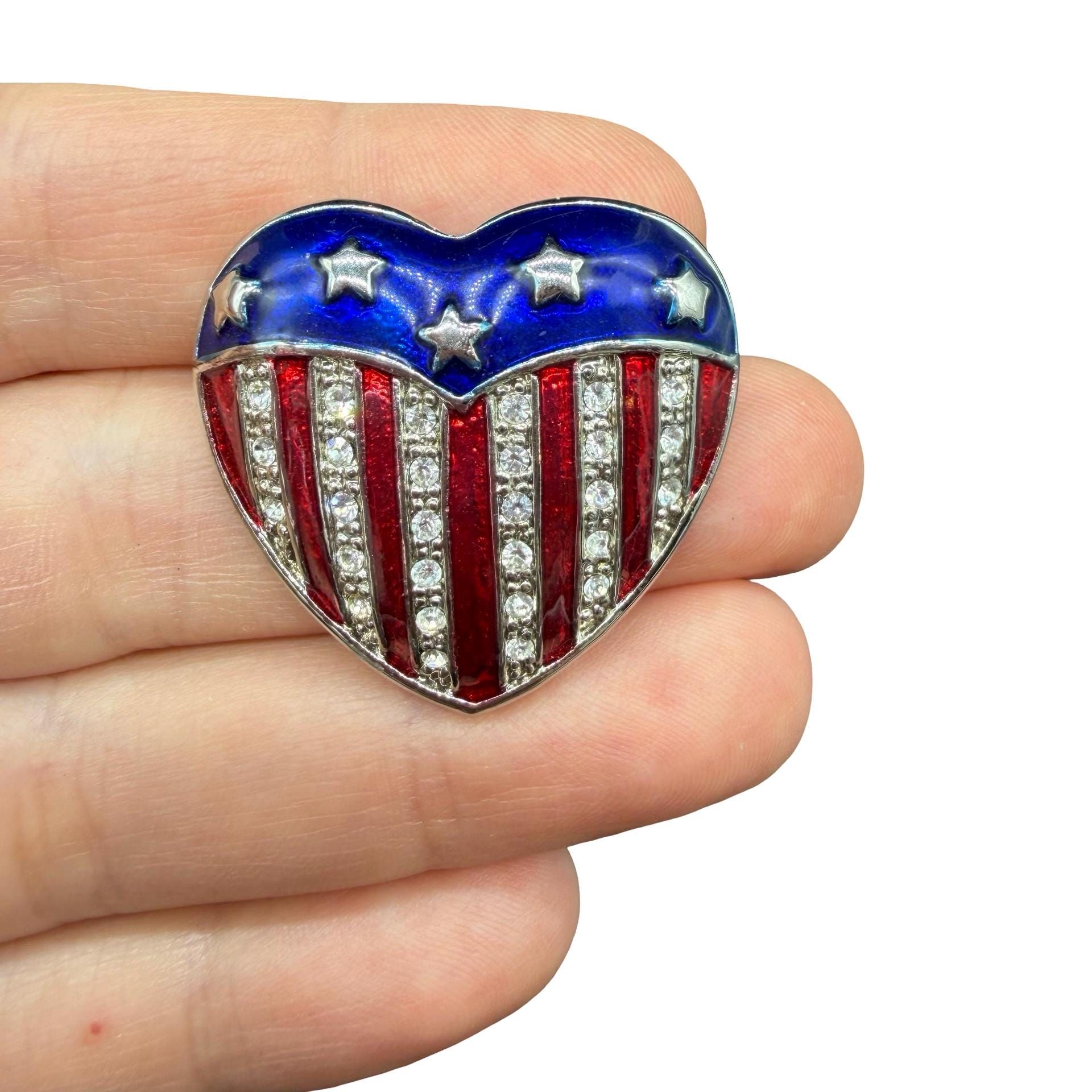 Vintage Red White And Blue Heart Brooch Usa Brooch 4th Of July Jewelry Flag Hear